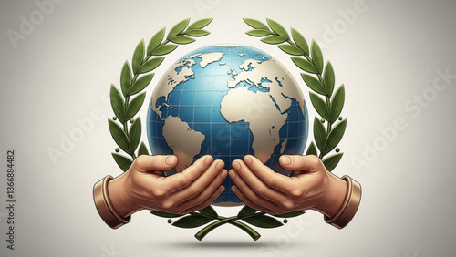 A vector graphic illustration of hands holding a globe with a laurel wreath symbolizing global care and protection