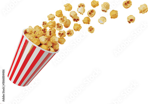 Tasty movie theater popcorn spilling out of red and white striped bucket vector illustration for cinema snacks and entertainment concessions.