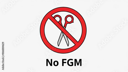 A vector graphic illustration of a prohibition sign with scissors symbolizing opposition to female genital mutilation