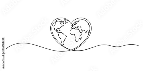 Continuous single line drawing of a heart-shaped Earth with detailed continents, symbolizing global love, unity, peace, and care for the world.