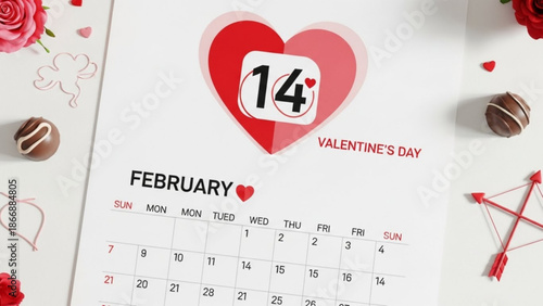 A Valentine's Day calendar page with chocolates and roses on a white background