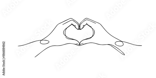 Continuous single line drawing of two hands forming a heart shape, symbolizing love, care, connection, unity, and emotional support in a minimalist style.