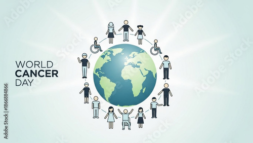 World cancer day illustration with diverse people around the globe with cancer awareness and global health and graphic design and health campaign