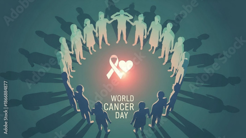 People joining hands in solidarity for world cancer day awareness campaign with heart and cancer ribbon symbol with cancer awareness and people holding hands