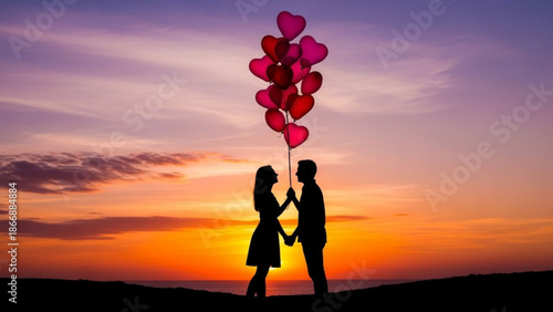 A romantic couple holding hands and heart balloons at sunset