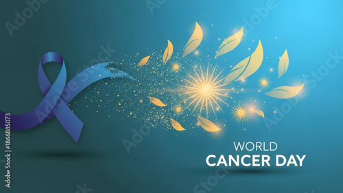 World cancer day awareness concept with blue ribbon and gold leaves on dark blue background symbolizing hope and support with cancer awareness