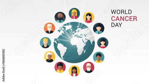 Diverse people around the world unite for world cancer day awareness campaign with a globe with cancer awareness and global unity and health campaign