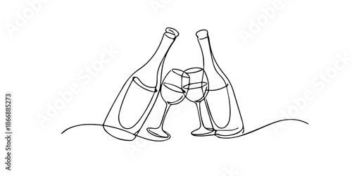 Continuous single line drawing of two wine bottles and clinking wine glasses, symbolizing celebration, toast, romance, friendship, and special moments.