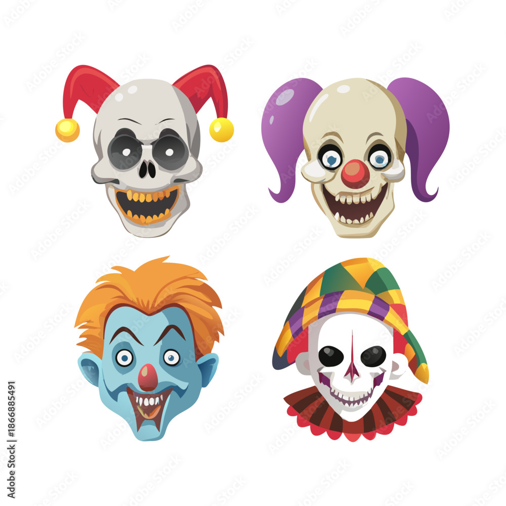 Fototapeta premium Scary clown vector character set of creepy circus heads including jester skull and sad mime face for halloween mascot or sticker design elements. 