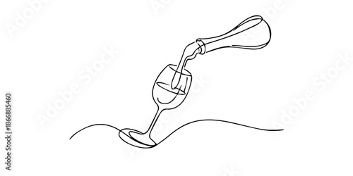 Continuous single line drawing of wine being poured from a bottle into a glass, symbolizing celebration, elegance, fine dining, and modern minimalist lifestyle.