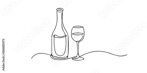 Continuous single line drawing of a wine bottle and a filled wine glass on a flowing line, symbolizing elegant dining, celebration, and modern minimal style.