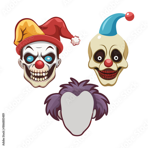 Scary clown vector character set of creepy circus heads including jester skull and sad mime face for halloween mascot or sticker design elements.
