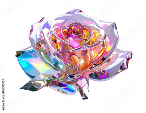3D render of a crystalline rose with rainbow reflections,white background