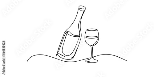Continuous single line drawing of a wine bottle and a filled wine glass on a flowing line, symbolizing elegant dining, celebration, and modern minimal style.