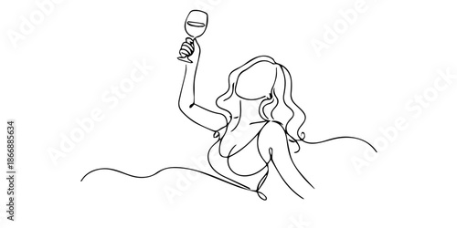 Continuous single line drawing of a woman holding a wine glass, expressing elegance, relaxation, celebration, and modern lifestyle in a minimalist style