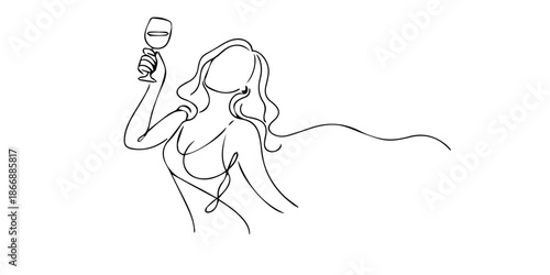 Continuous single line drawing of a woman holding a wine glass, expressing elegance, relaxation, celebration, and modern lifestyle in a minimalist style