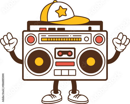 Animated boombox character with star hat and raised fists