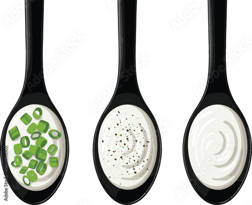 Gourmet dipping sauces set in black spoons featuring plain cream, black pepper, and fresh green chive garnish vector illustration.