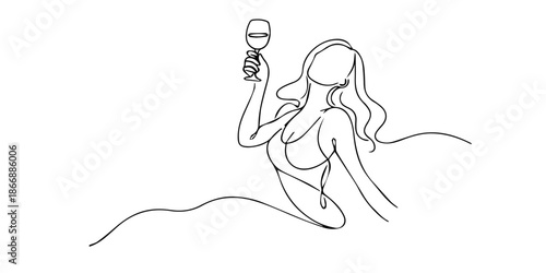 Continuous single line drawing of a woman holding a wine glass, expressing elegance, relaxation, celebration, and modern lifestyle in a minimalist style