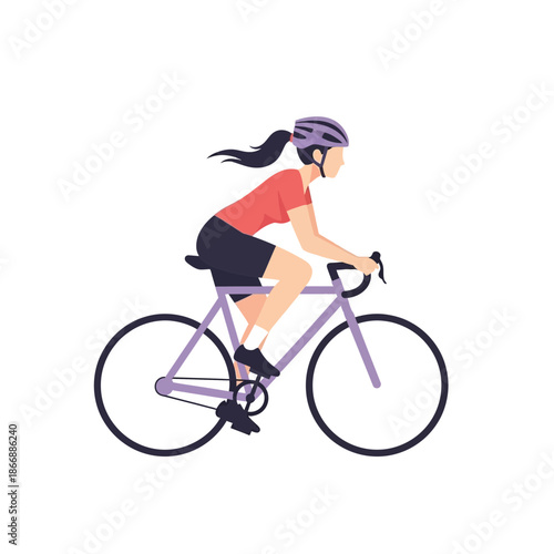 Woman Cyclist Riding a Bicycle with a Helmet on a White Background