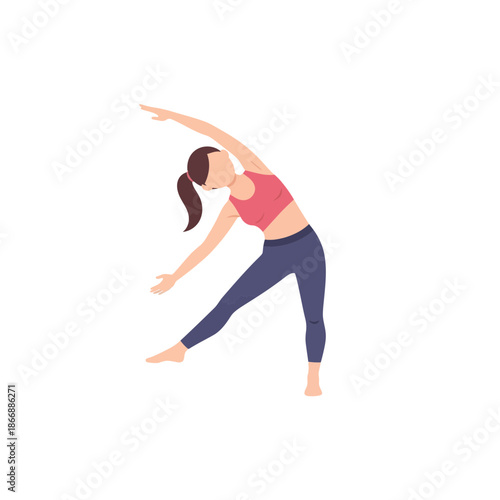 Woman doing a side bend stretch, promoting flexibility and fitness through yoga-inspired movements for a healthy lifestyle