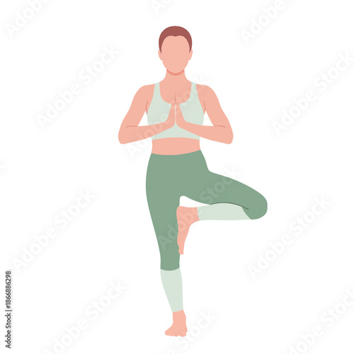 Woman practicing yoga tree pose in a serene and balanced posture, promoting mindfulness and well-being