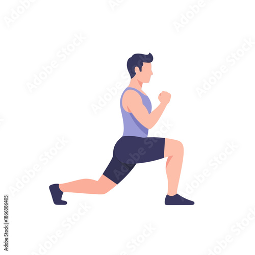 Dynamic illustration of a man performing a lunge exercise, emphasizing strength training and lower body fitness for health and wellness routines and active lifestyles