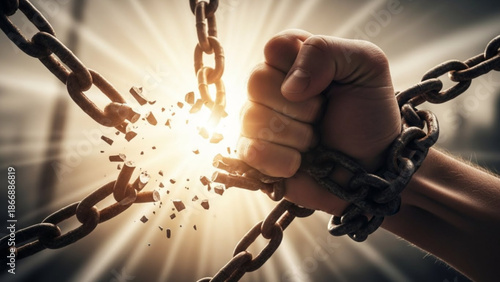 A powerful fist breaking free from chains with a bright light in the background