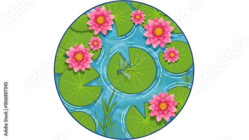 A colorful vector illustration of a serene pond with lily pads and flowers