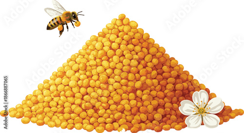 Natural bee pollen granules heap vector illustration with honey bee and white spring flower for organic health supplement and superfood packaging.