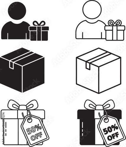 Shopping, delivery, and discount 6 icon set featuring users, gift boxes, and shipping parcels.
