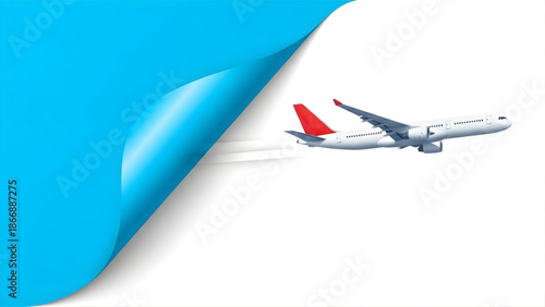 Airplane flying with blue page curl effect