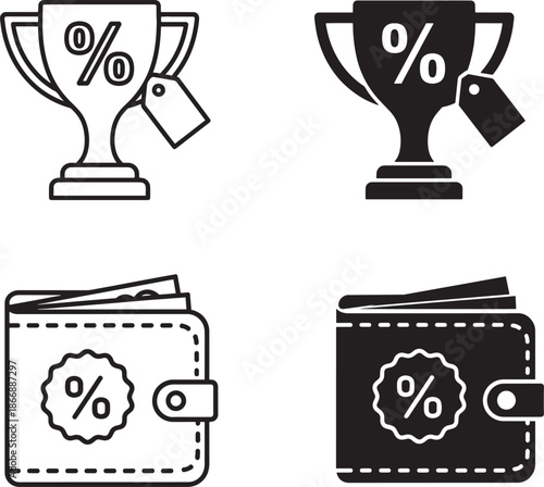 Financial discount and reward 4 icons featuring trophies and wallets in outline and solid styles.