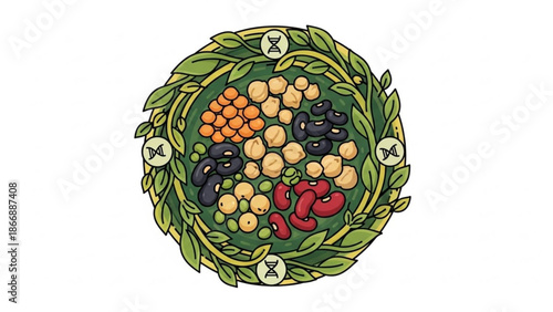 A colorful illustration of various fruits and vegetables surrounded by a green leafy wreath