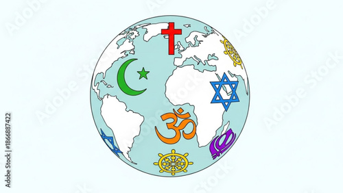 A colorful vector graphic of the Earth with various religious symbols