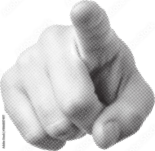 A graphic halftone image of a hand pointing directly forward, emphasizing selection or direction.
