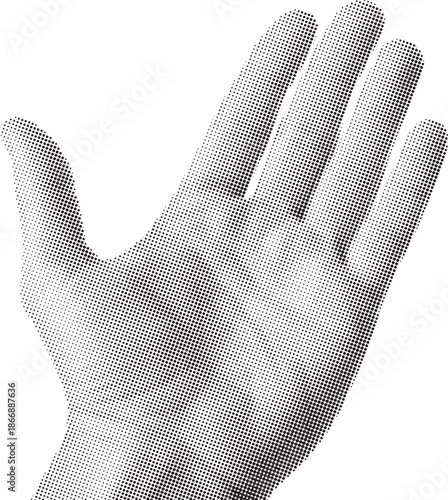 A stylized halftone illustration of an open human palm in black and white against a clean backdrop.