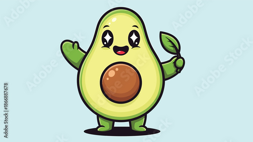 Adorable Avocado Character Waving and Holding a Leaf.