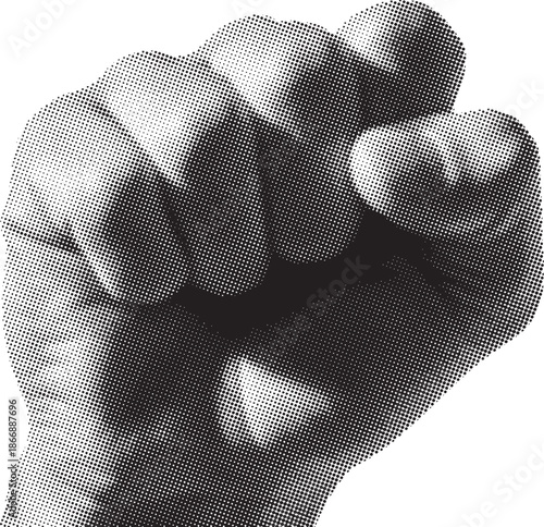 Powerful halftone rendering of a clenched human fist symbolizing strength and unity.