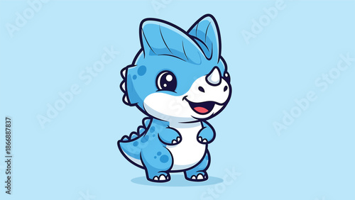 Adorable Blue Baby Triceratops Cartoon Character Illustration on Light Blue.