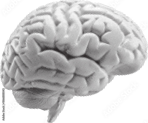 Halftone human brain illustration representing intelligence, thought, and mental processes.
