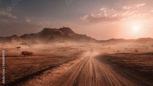 A dusty road through a desert landscape with mountains in the distance and a radiant sun shining brightly