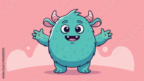Adorable Blue Monster with Horns and Open Arms Illustration.