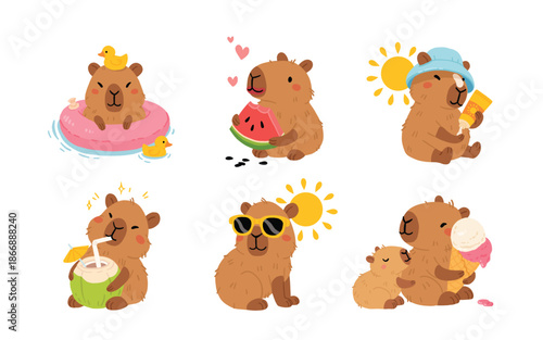 Cute Capybaras Enjoying Various Summer Fun Activities.