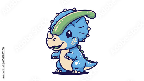Adorable Blue Parasaurolophus Dinosaur Cartoon Character Illustration.