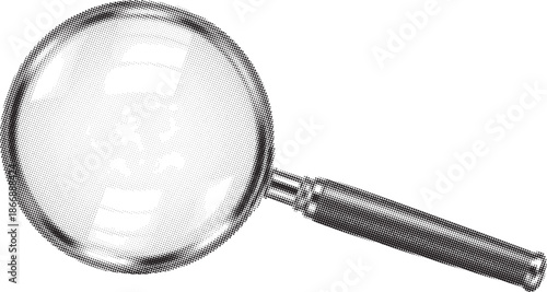 Detailed black and white illustration of a classic magnifying glass with a subtle map reflection in half tone dot style.
