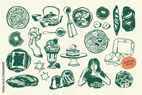 Hand Drawn Green Illustrations of Asian Kitchen Utensils and Foods.