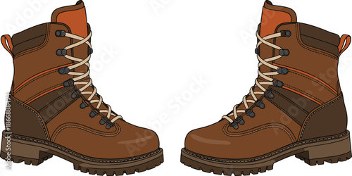 Brown hiking boots vector illustration pair with laces rugged outdoor footwear equipment isolated on white background