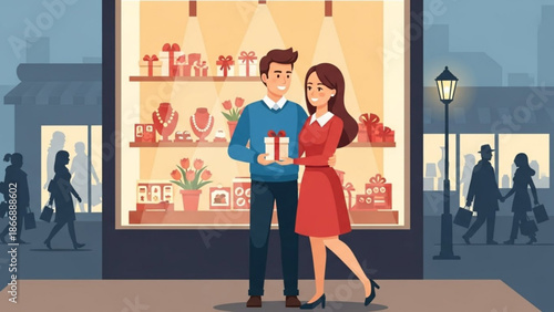 A romantic couple stands outside a jewelry store at night, with the man holding a gift box.