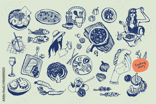 Hand Drawn Illustrations of Foods Utensils and Dining Scenes.